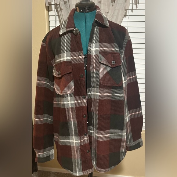 Freedom Foundry Men's MED Fleece Lined Shirt Jacket Burgundy, Gray & Blk Plaid - Picture 1 of 6